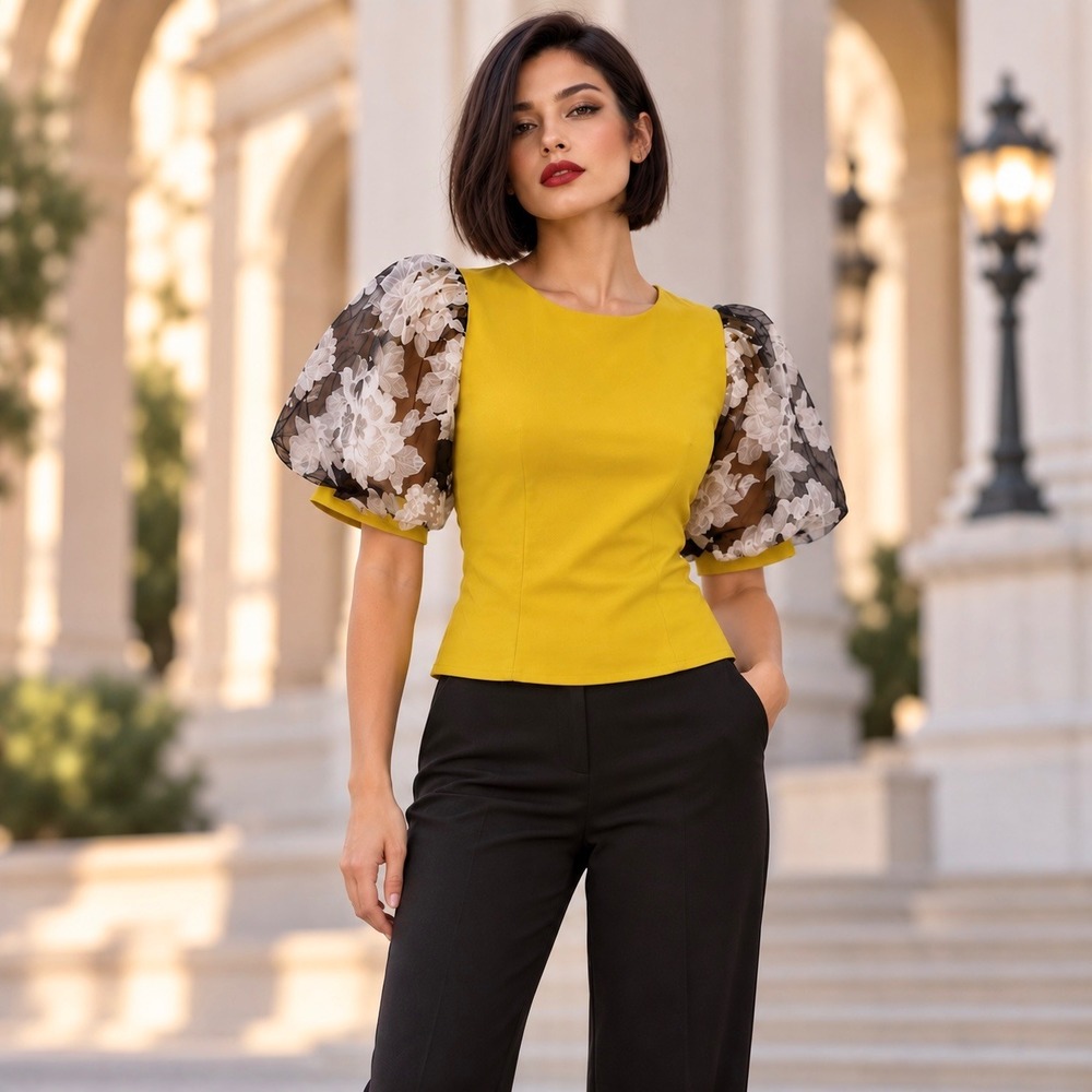 Puff Sleeve Blouse Yellow Black Floral Top Dark Romantic Maximalist Whimsigoth S